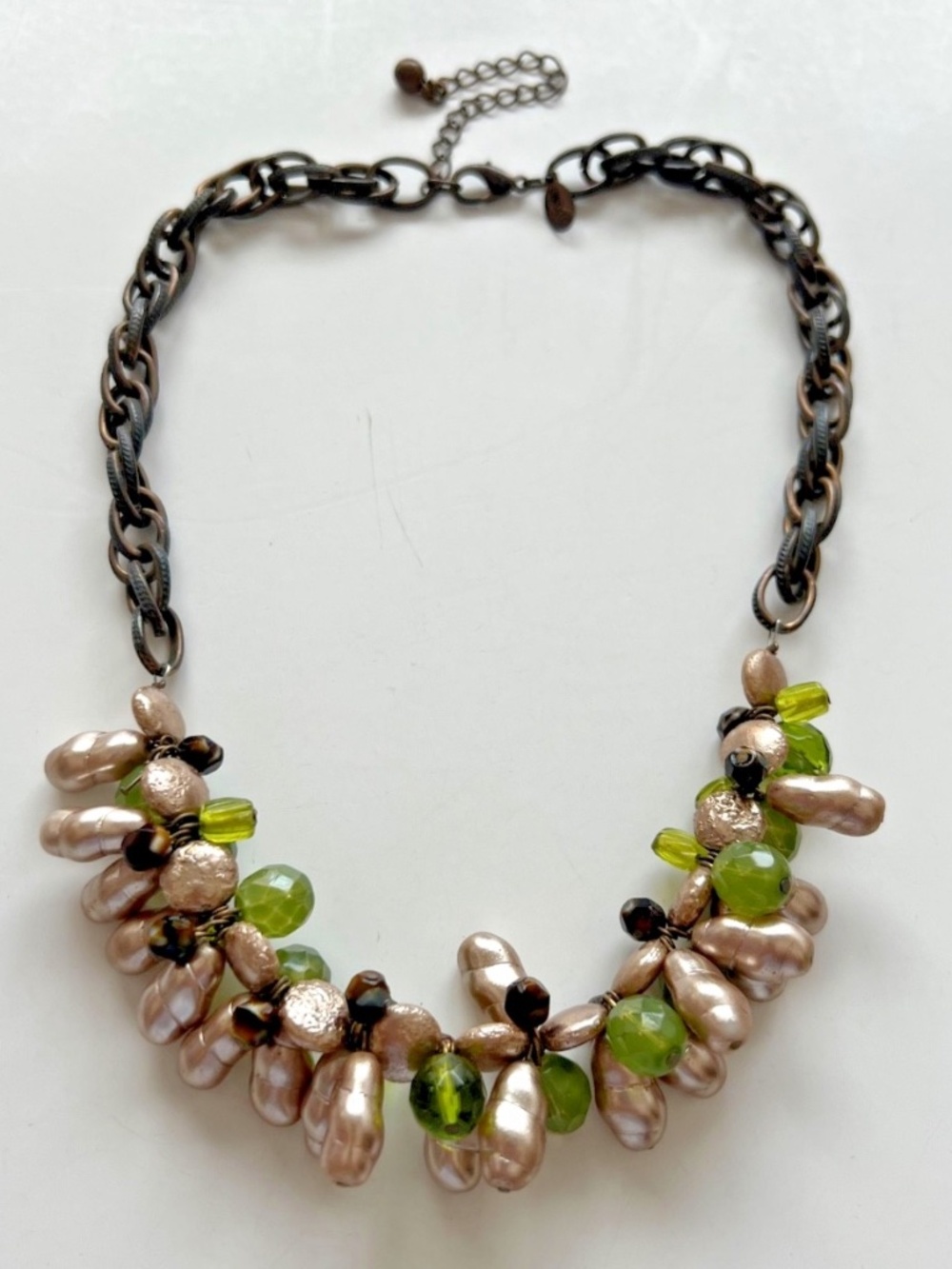 Vintage Chico's necklace, bronze tone, baroque pearls, green beads 17"